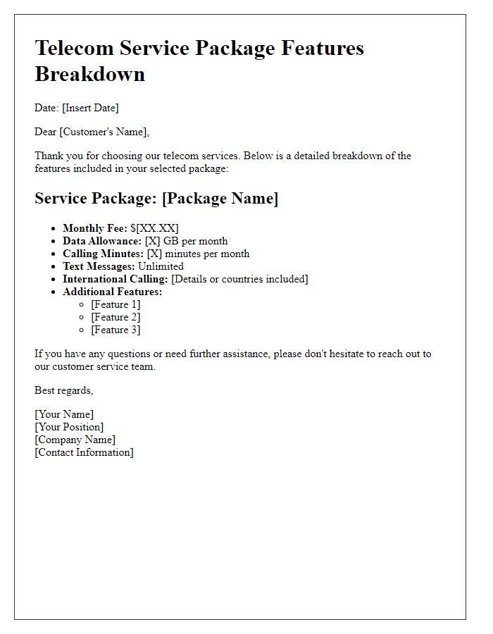 Letter template of telecom service package features breakdown.