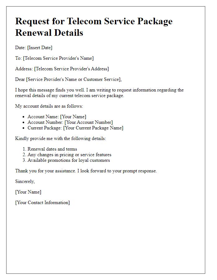 Letter template of telecom service package renewal details request.