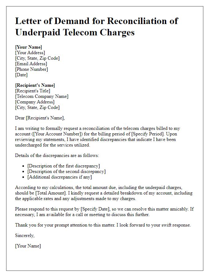 Letter template of demand for reconciliation of underpaid telecom charges