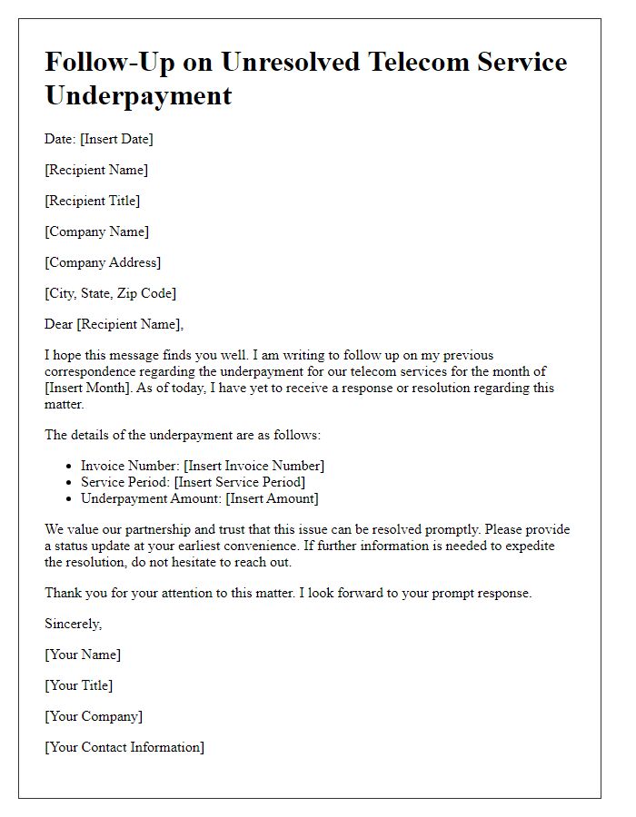 Letter template of follow-up on unresolved telecom service underpayment
