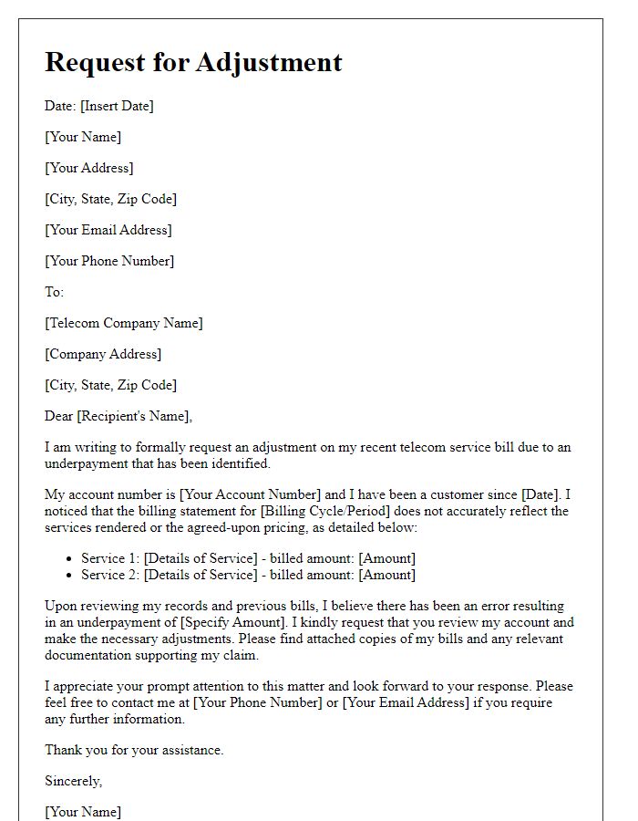 Letter template of request for adjustment on telecom service underpayment