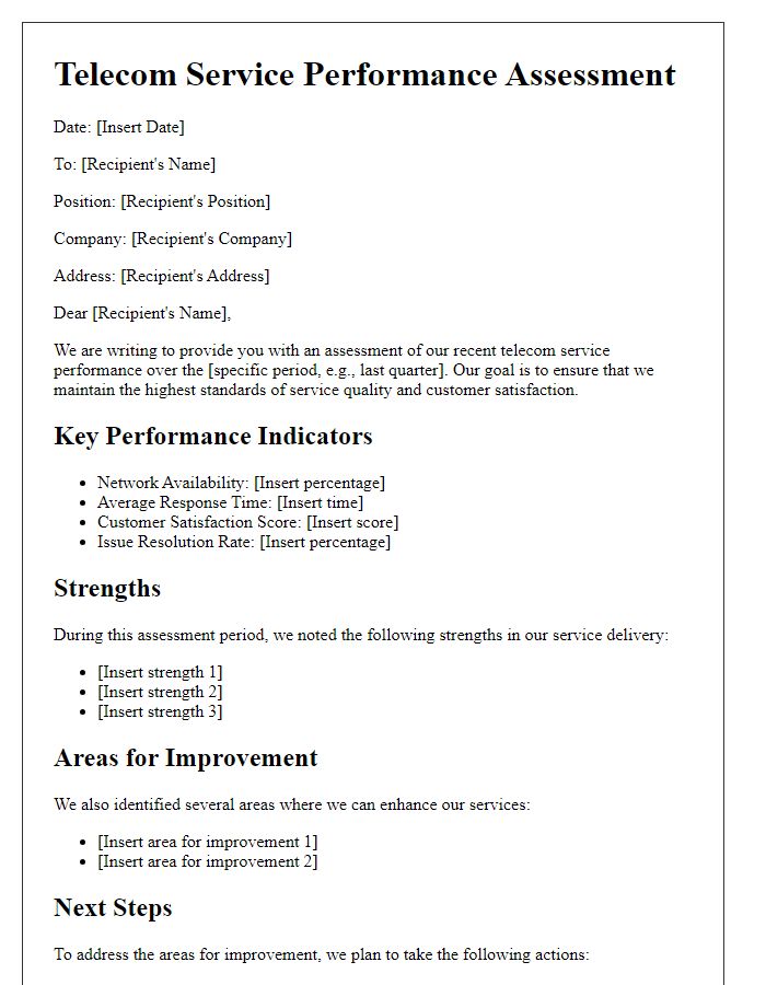 Letter template of assessment on recent telecom service performance