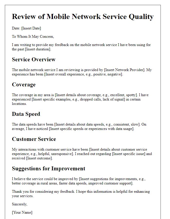 Letter template of review for mobile network service quality