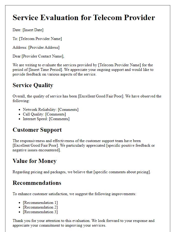 Letter template of service evaluation for telecom provider