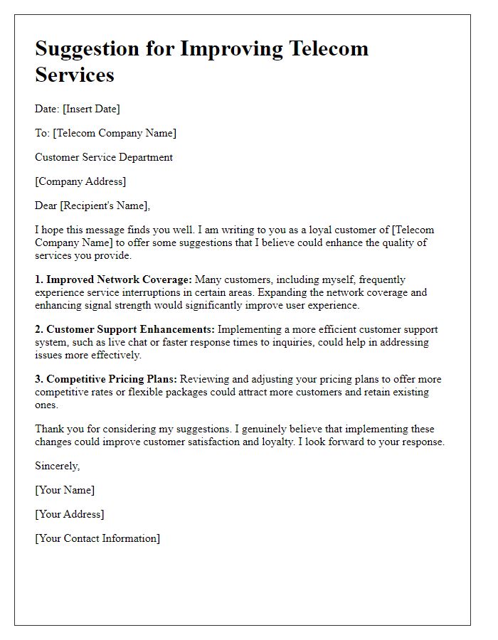 Letter template of suggestion for improving telecom services