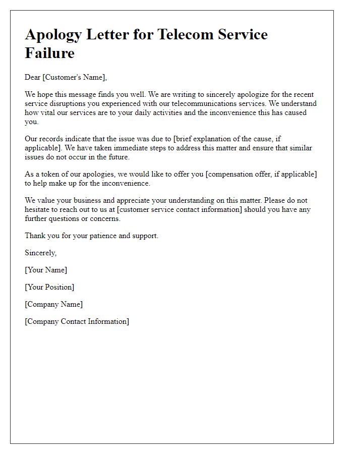 Letter template of apology for telecom service failure