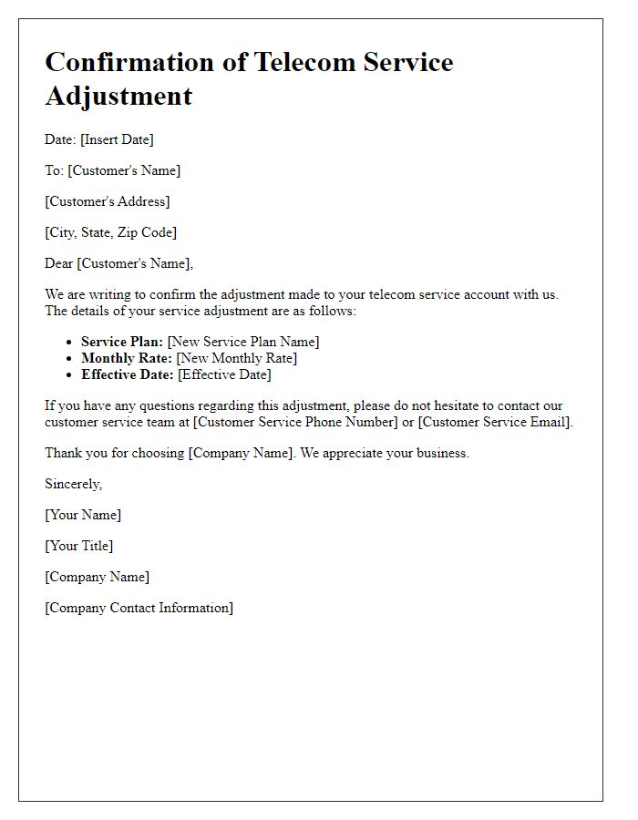 Letter template of confirmation for telecom service adjustment