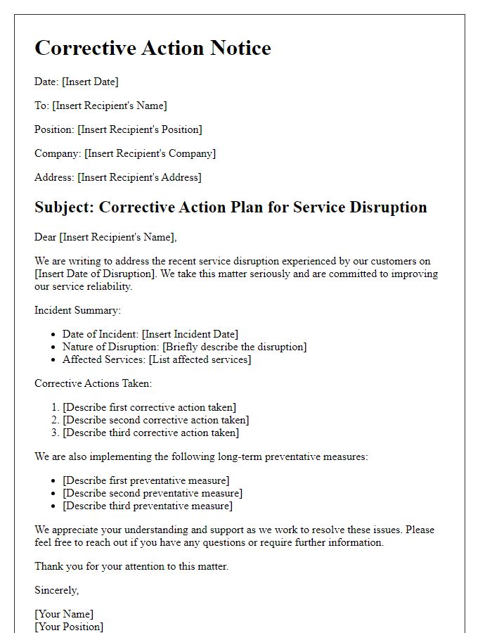 Letter template of corrective action for telecom service disruption