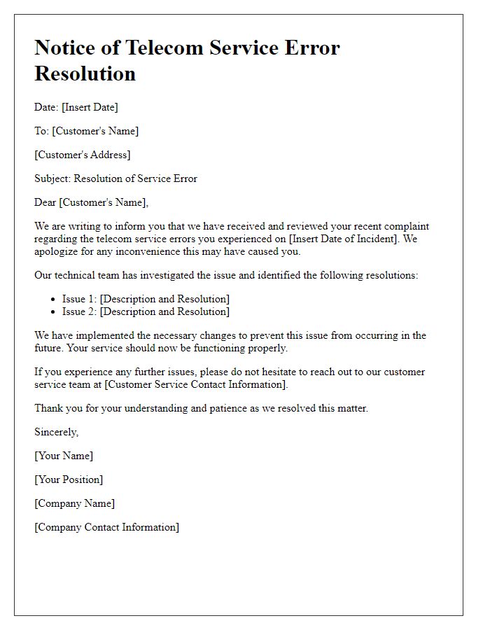 Letter template of notice for telecom service error resolution