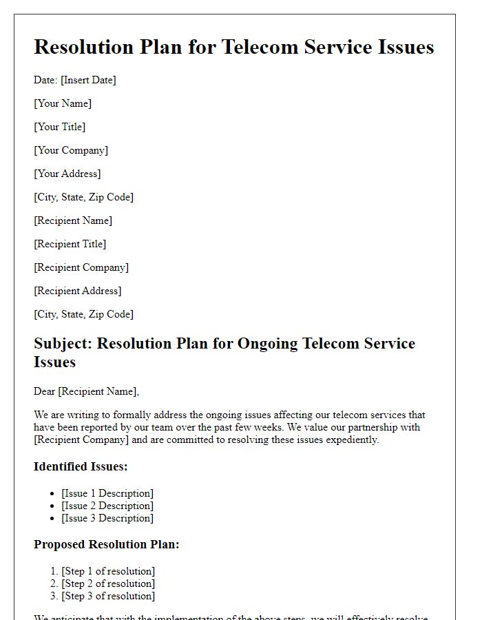 Letter template of resolution plan for telecom service issues