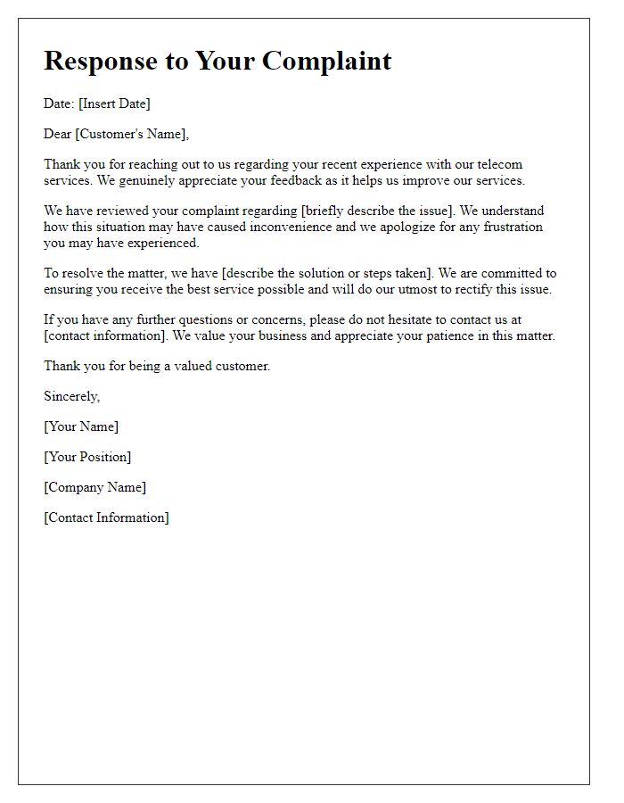 Letter template of response to telecom service complaint