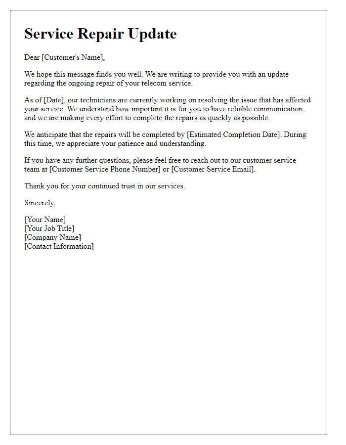 Letter template of update regarding telecom service repair