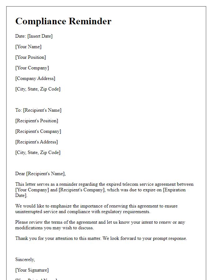 Letter template of compliance reminder related to expired telecom service agreement