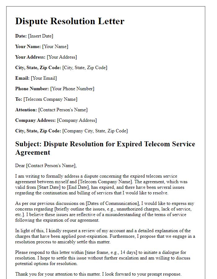 Letter template of dispute resolution regarding expired telecom service agreement