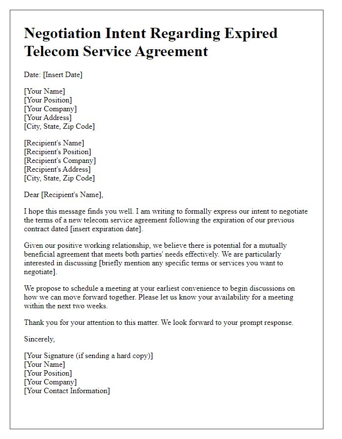 Letter template of negotiation intent regarding expired telecom service agreement