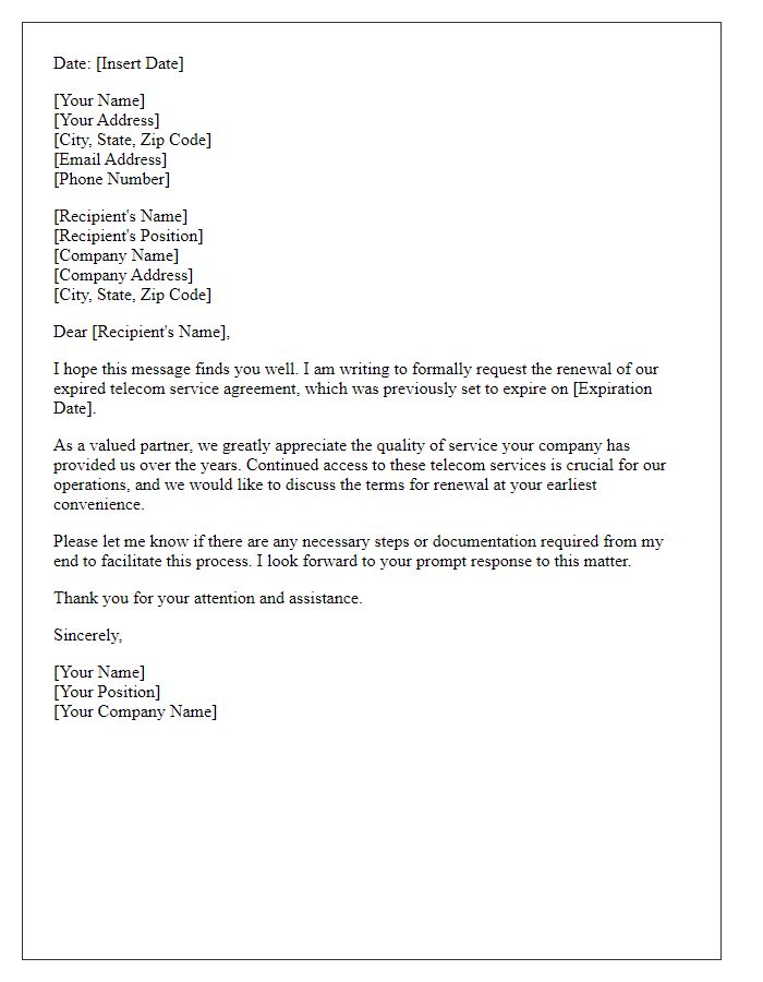 Letter template of renewal request for expired telecom service agreement