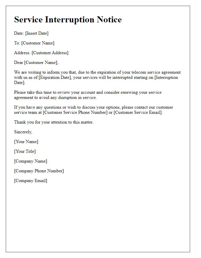 Letter template of service interruption notice due to expired telecom service agreement