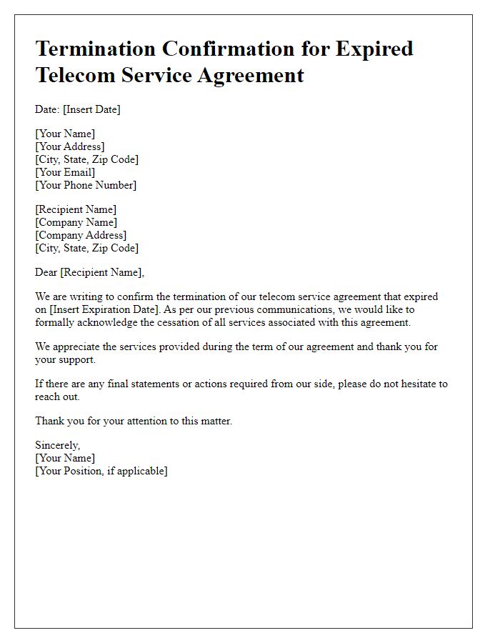 Letter template of termination confirmation for expired telecom service agreement