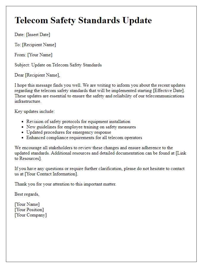 Letter template of telecom safety standards update