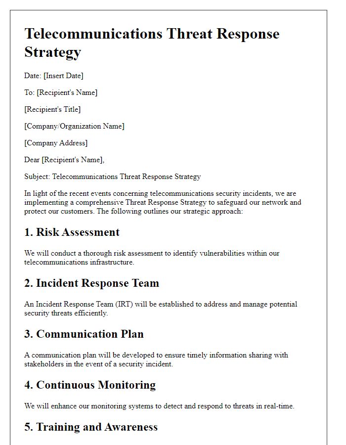 Letter template of telecommunications threat response strategy