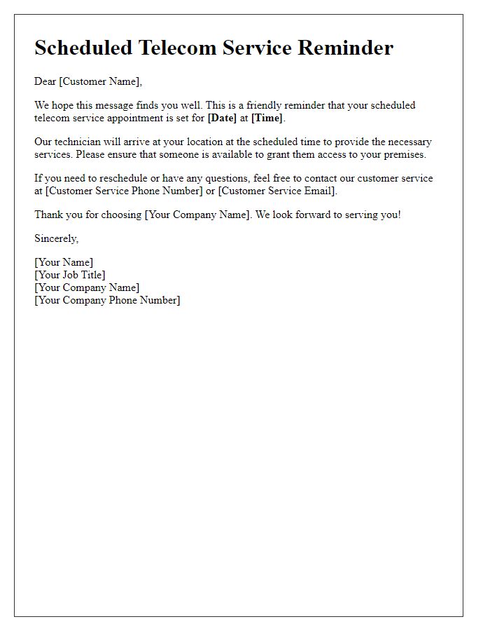 Letter template of scheduled telecom service reminder