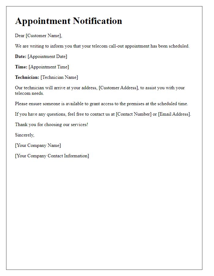 Letter template of telecom call-out appointment notification