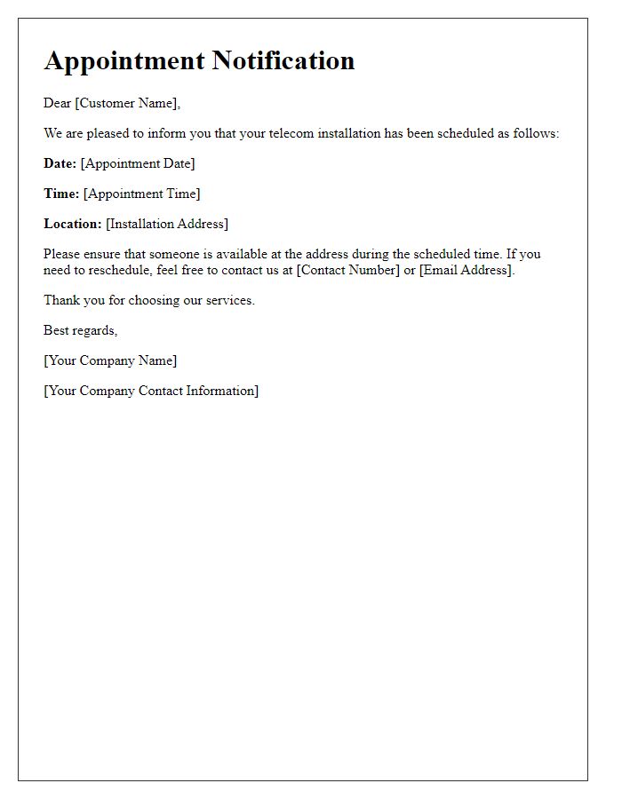 Letter template of telecom installation appointment notification