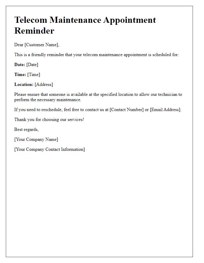 Letter template of telecom maintenance appointment reminder