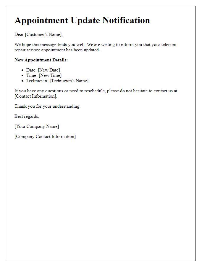 Letter template of telecom repair service appointment update