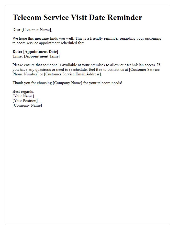 Letter template of telecom service visit date reminder