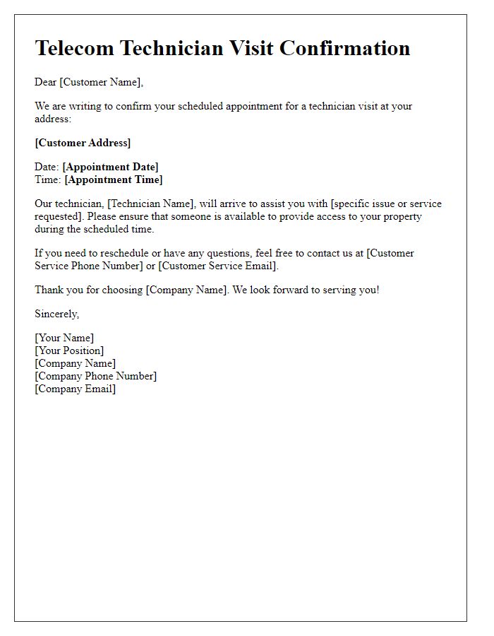 Letter template of telecom technician visit confirmation