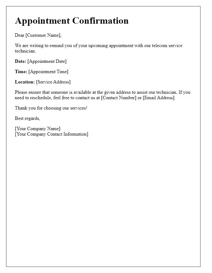 Letter template of upcoming telecom appointment alert