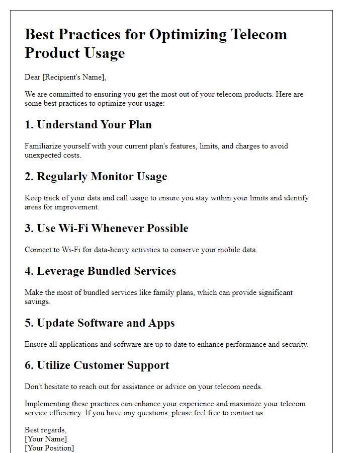 Letter template of best practices for optimizing telecom product usage