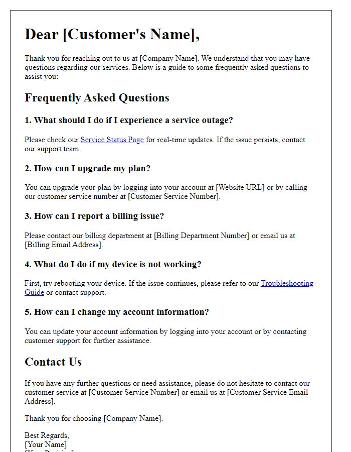 Letter template of FAQ guide for telecom customer service support