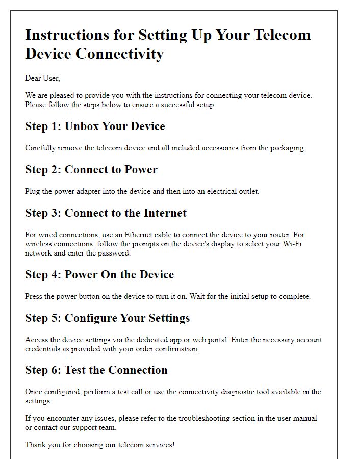 Letter template of instructions for setting up telecom device connectivity