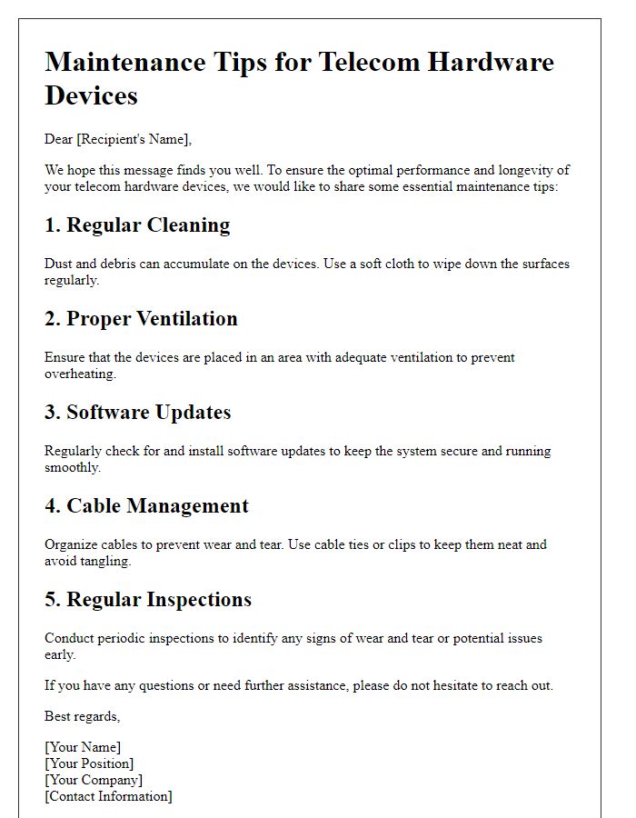 Letter template of maintenance tips for telecom hardware devices