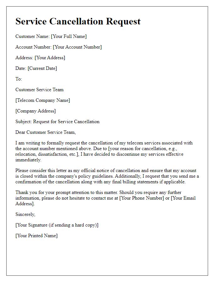 Letter template of service cancellation procedure for telecom customers