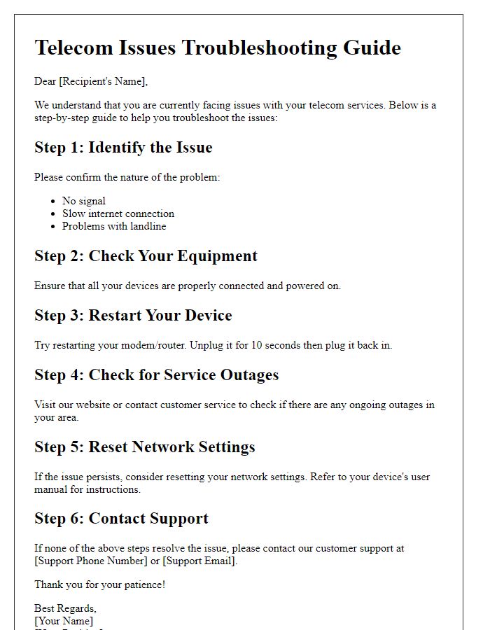 Letter template of step-by-step guide for troubleshooting telecom issues