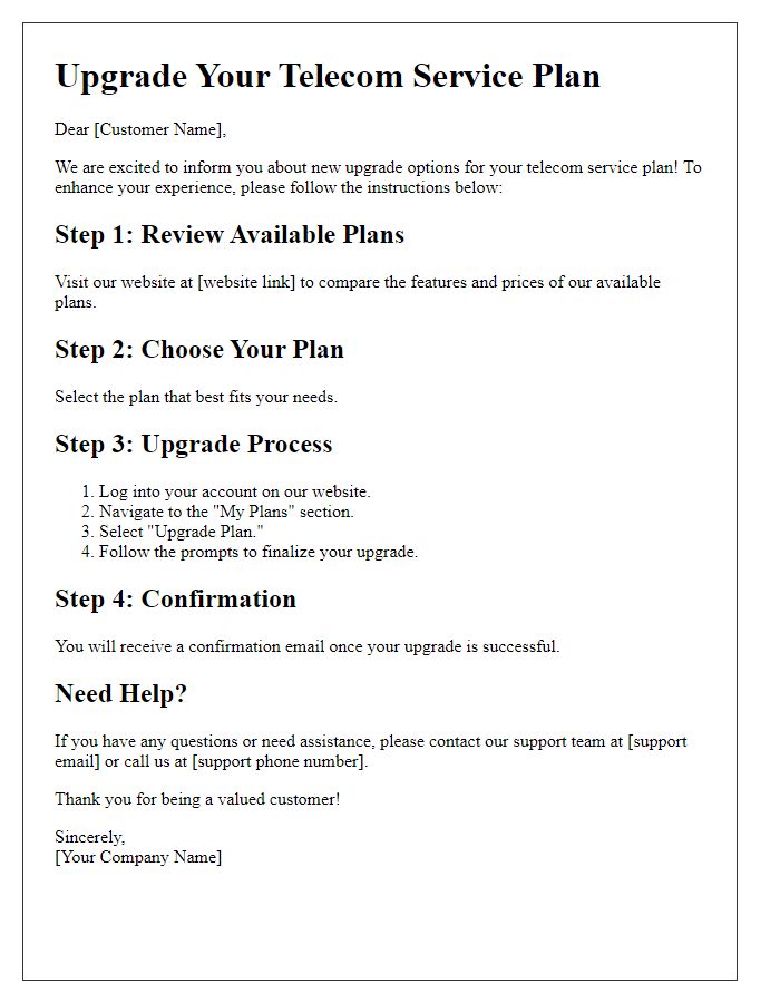 Letter template of upgrade instructions for telecom service plans