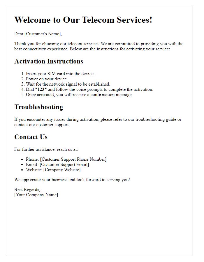 Letter template of user guide for telecom service activation instructions