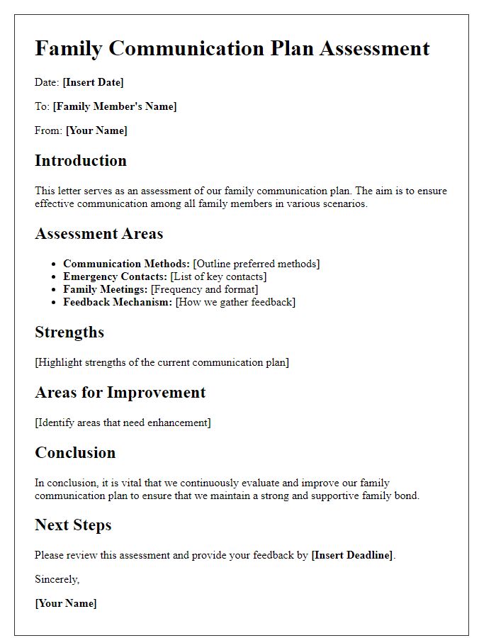 Letter template of family communication plan assessment