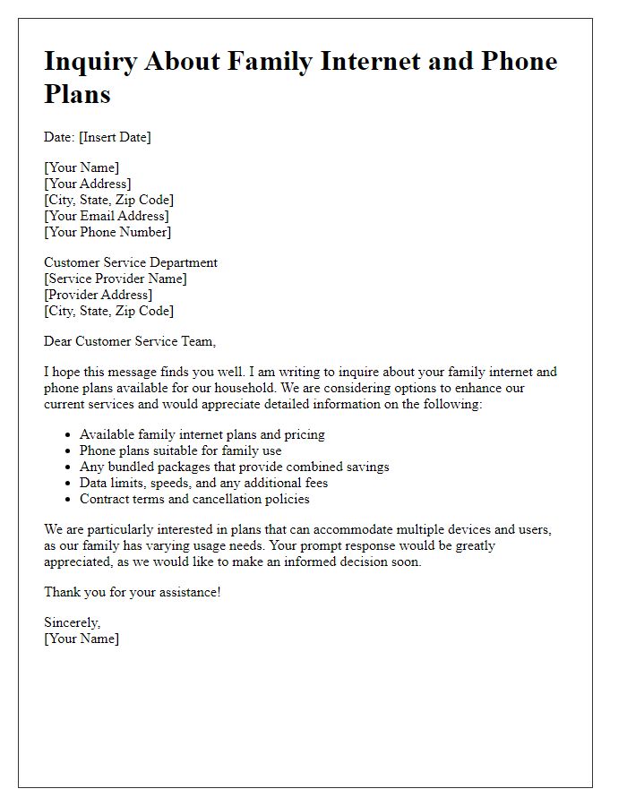 Letter template of family internet and phone plan inquiry