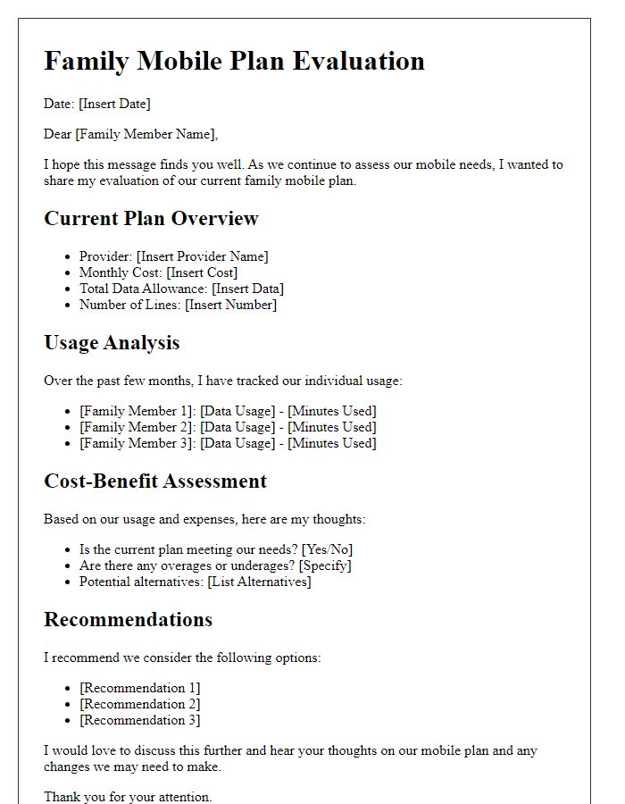 Letter template of family mobile plan evaluation