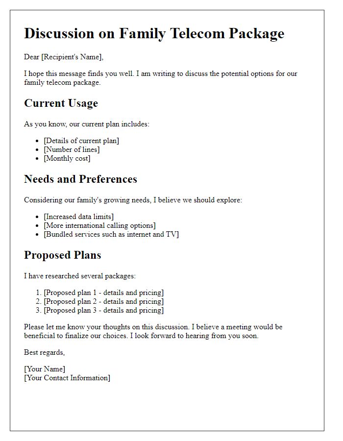 Letter template of family telecom package discussion