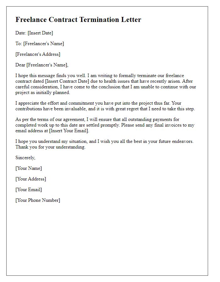 Letter template of freelance contract termination due to health issues