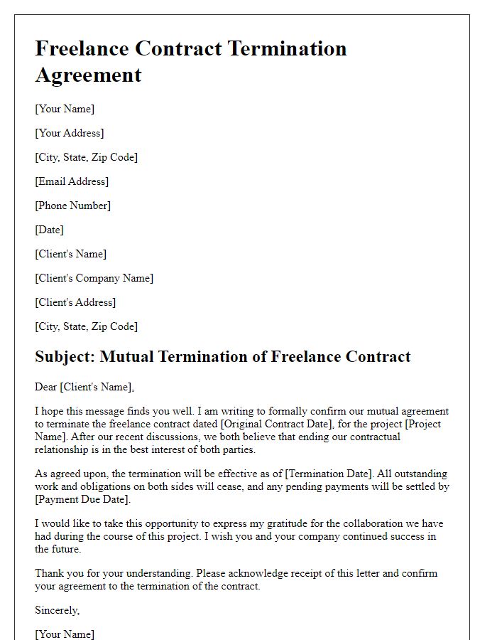 Letter template of freelance contract termination for mutual agreement