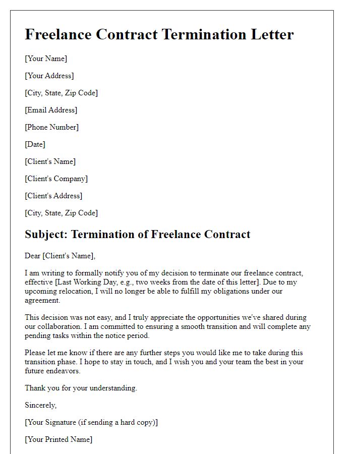 Letter template of freelance contract termination for relocation