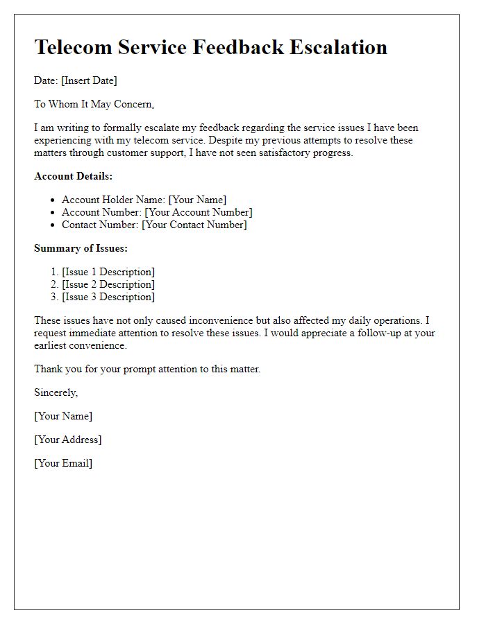 Letter template of telecom service feedback escalation.