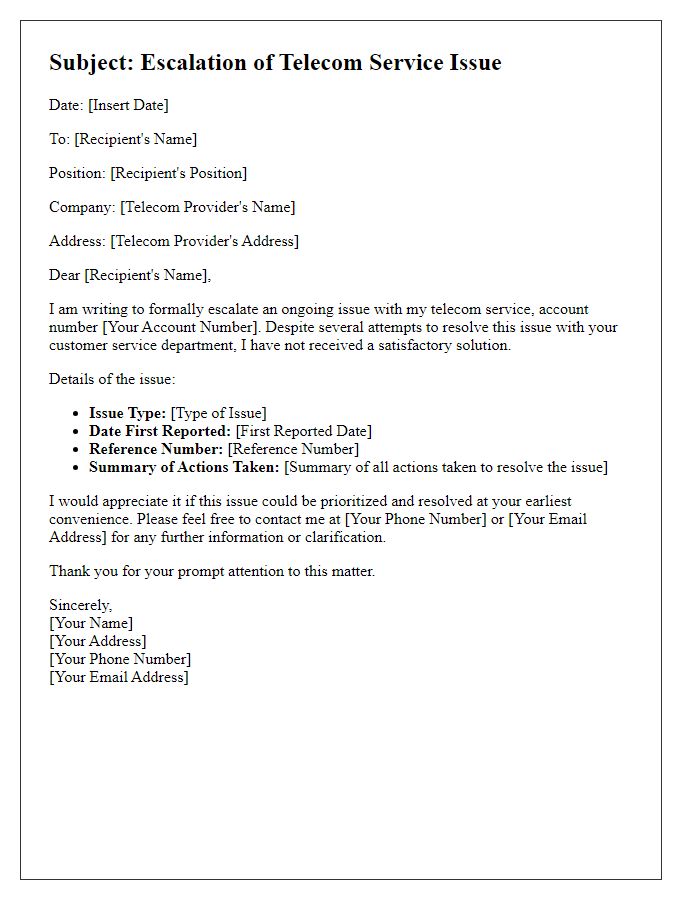 Letter template of telecom service issue escalation.