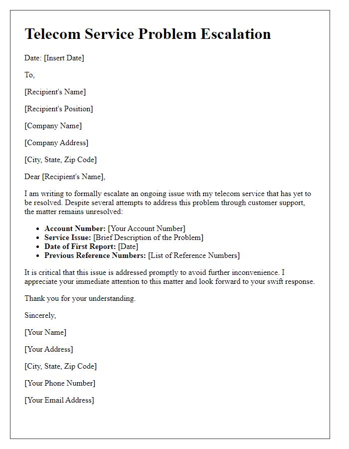 Letter template of telecom service problem escalation.